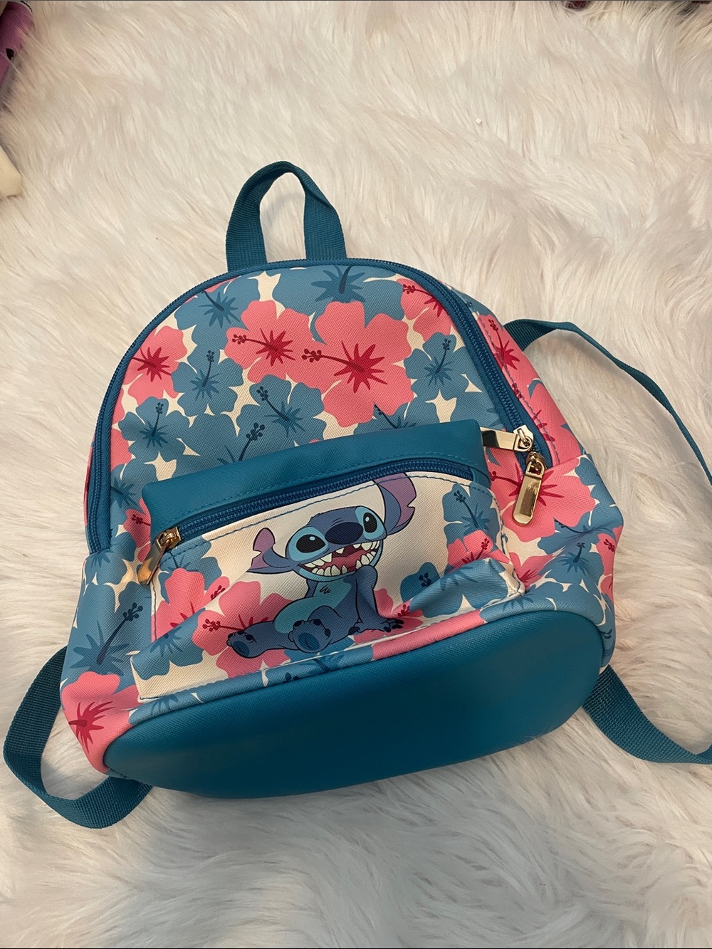 Blue & Pink Floral Kids Backpack with Stitch Character